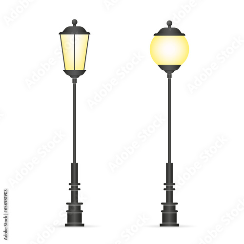 Vintage street lights glowing with yellow light 3d realistic vector set isolated on white background. Retro architecture design elements collection Victorian era lamppost. Vector illustration