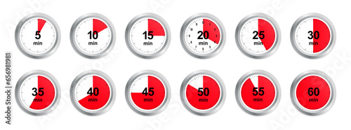 Timer, clock, stopwatch isolated set icons. Countdown timer symbol icon set. Label cooking time. Timer. Chronometer. Countdown 5,10, 15, 20, 25, 30, 35, 40, 45, 50, 55, 60 minutes. Vector illustration