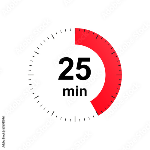 Stopwatch 25 minutes timer clock icon. Countdown timer. Different uses such as preparation time, cosmetic or chemical application time, waiting time. Vector illustration
