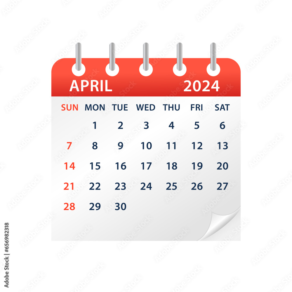 April 2024 Calendar Leaf. Calendar 2024 in flat style. Calendar 2024