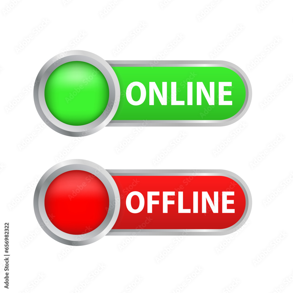 Online and Offline Indicators. Vector green and red state indicator button. Round slider collection. Vector illustration Online and Offline Indicators. Vector green and red state indicator button. Round slider collection. Vector illustration