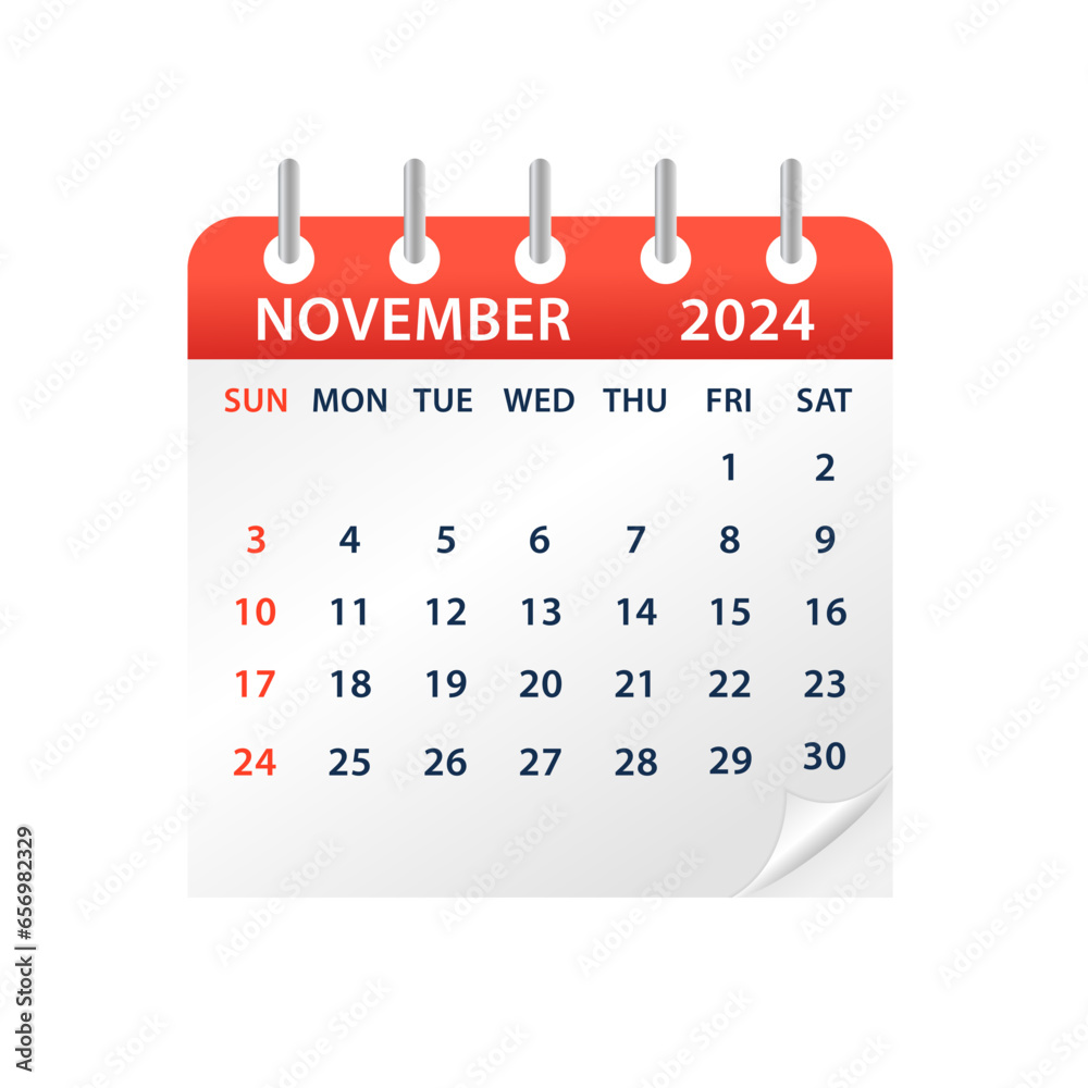 November 2024 Calendar Leaf. Calendar 2024 in flat style. Calendar 2024