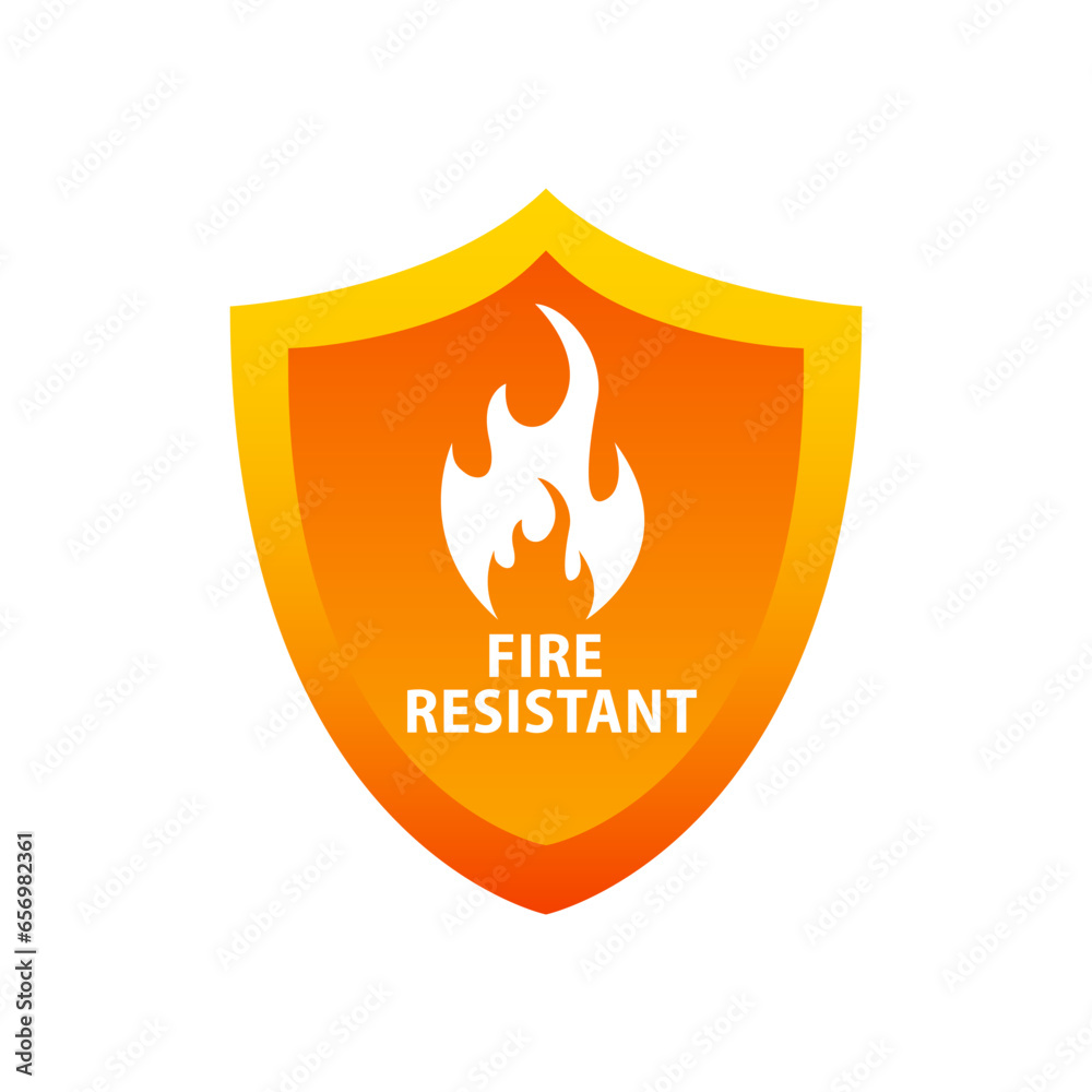 Fire Resistant Icon or Fire Resistant Sign. Fire protection. Vector fire shield. Security vector icon. Protection icon. Shield icon. Flame sign. Vector illustration Fire Resistant Icon or Fire Resistant Sign. Fire protection. Vector fire shield. Security vector icon. Protection icon. Shield icon. Flame sign. Vector illustration