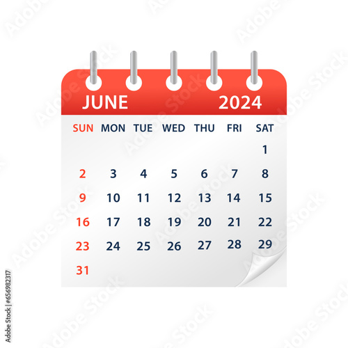June 2024 Calendar Leaf. Calendar 2024 in flat style. Calendar 2024 week start Sunday corporate design planner template. Wall calendar. Vector illustration