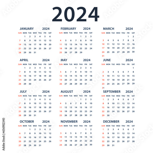 Calendar 2024 template vector, Planner 2024 year, Wall calendar 2024 year, Week Starts sunday, Set of 12 calendar, advertisement, printing, stationery, organization office. Vector illustration