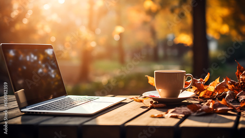 Laptop and cup of coffee on wooden table with autumn background.