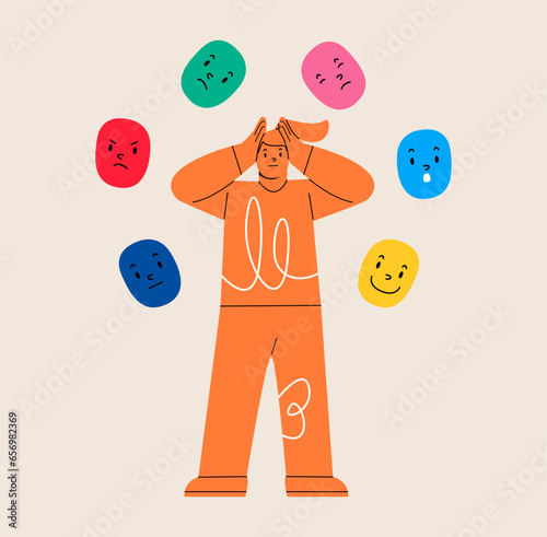 Many personality. Mask with different emotion woman. Colorful vector illustration