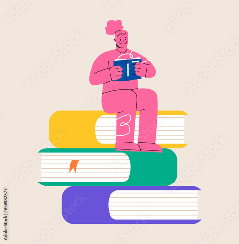 Woman reading book while sitting on stack of books. Colorful vector illustration