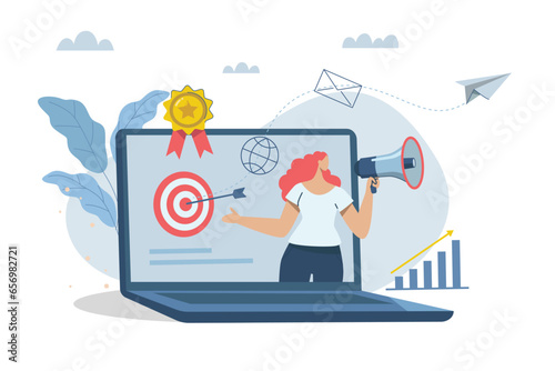 Promoting communication with customers, Sending important messages, Marketing activities with social media campaigns. Businesswoman advertising or announcement with megaphone from laptop.