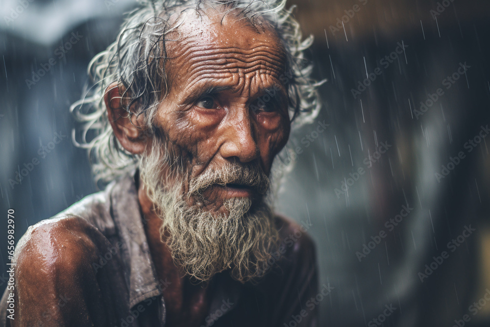 Portrait of old aged man beggar worried about next food Portrait of old aged man beggar worried about next food