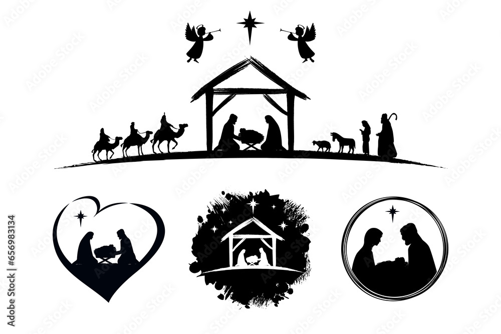 Set of holy Christmas scene with silhouettes christian Nativity. Holiday concept collection with traditional characters holy night. Vector illustration of sacred elements for holiday cards Set of holy Christmas scene with silhouettes christian Nativity. Holiday concept collection with traditional characters holy night. Vector illustration of sacred elements for holiday cards