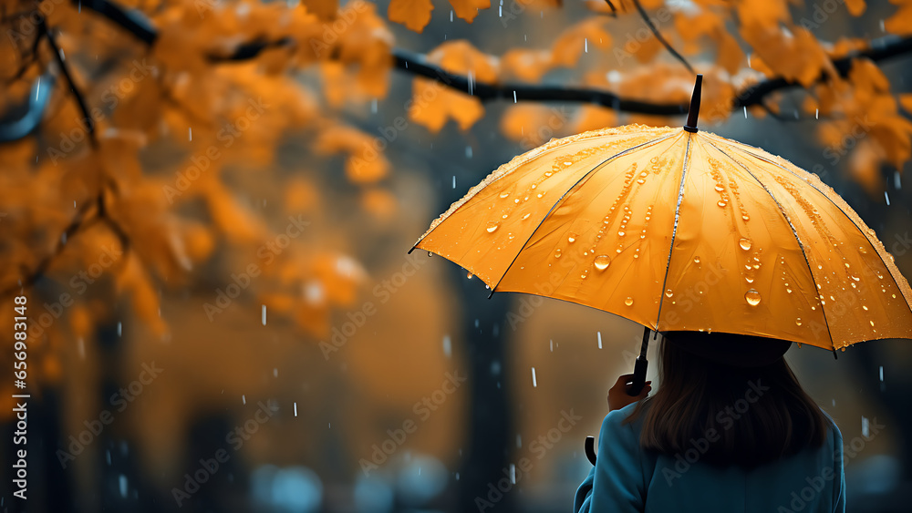 Woman holding umbrella under soft autumn rain.