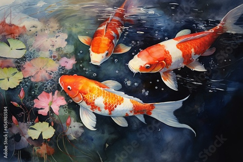 Watercolor painting of koi fishes. Generative AI