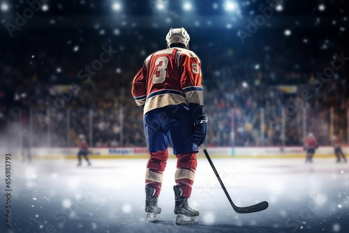 Back view of a hockey player playing this sport in a competition inside of a stadium 