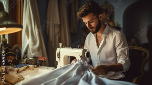 Sewing wedding dresses small business. Man Dressmaker designer working with wedding dress in atelier, closeup. Male seamstress tailor dressmaker designed wedding lace dress