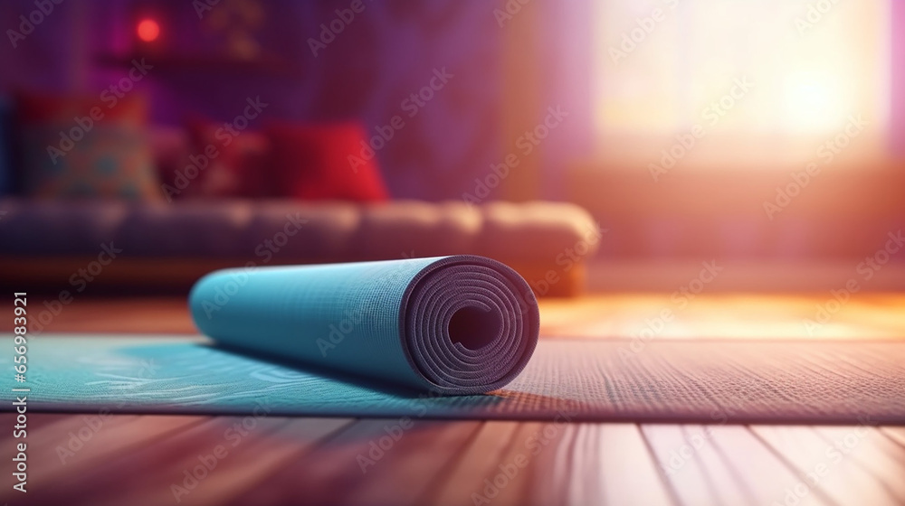 Roll yoga mat in a calm and quiet yoga studio with natural light  - obrazy, fototapety, plakaty 