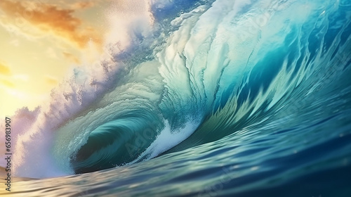 Huge ocean wave with turquoise water against a sunset sky with summer vibes