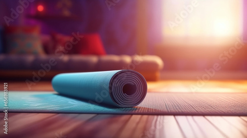 Roll yoga mat in a calm and quiet yoga studio with natural light 