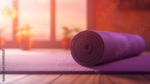 Roll yoga mat in a calm and quiet yoga studio with natural light 