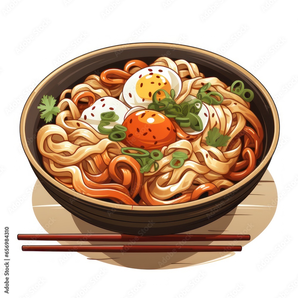 Traditional japanese udon noodle bowl with crispy fried tofu, meatballs