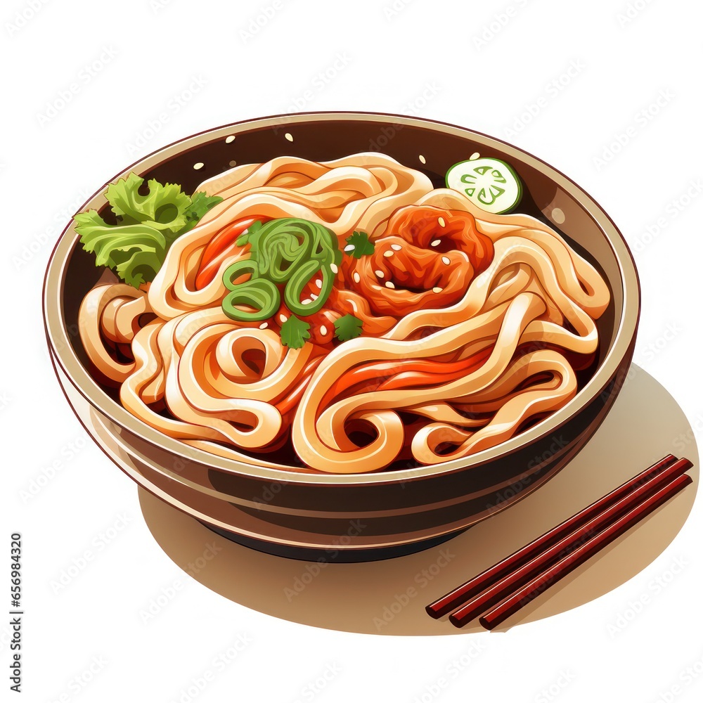 Traditional japanese udon noodle bowl with crispy fried tofu, meatballs