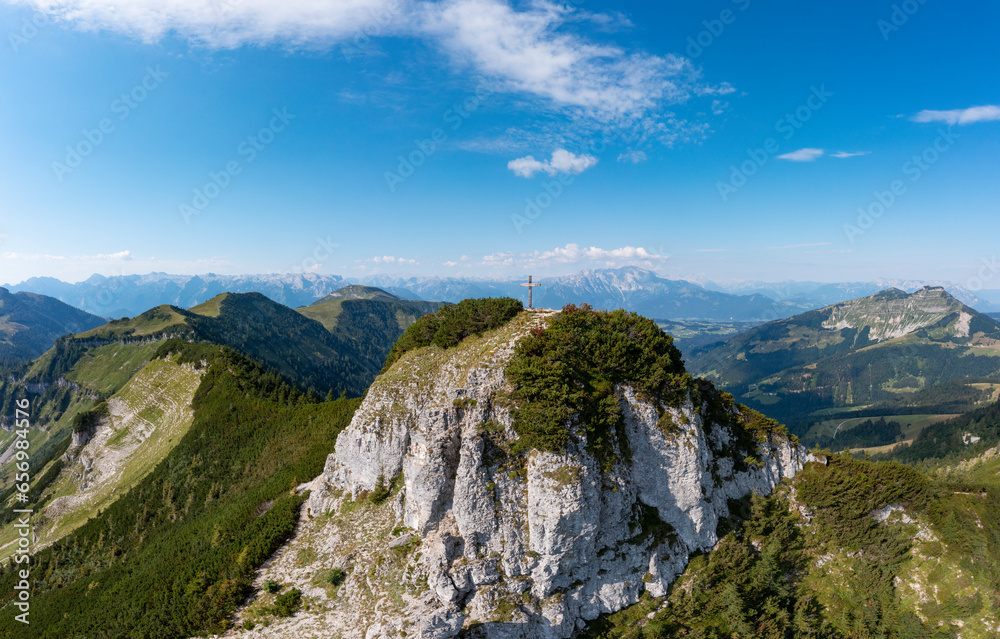 Austria, Salzburger Land, Drone view of summit cross on Gruberhorn mountain Austria, Salzburger Land, Drone view of summit cross on Gruberhorn mountain