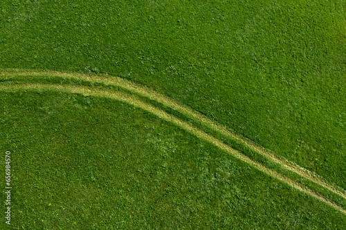 Austria, Salzburger Land, Tire tracks stretching through green meadow
