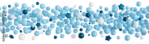 Blue balloons line on transparent background. It's a boy foreground. Border, row. Cut out graphic design elements. Happy birthday, party, baby shower decoration. Helium balloon group. 3D render.