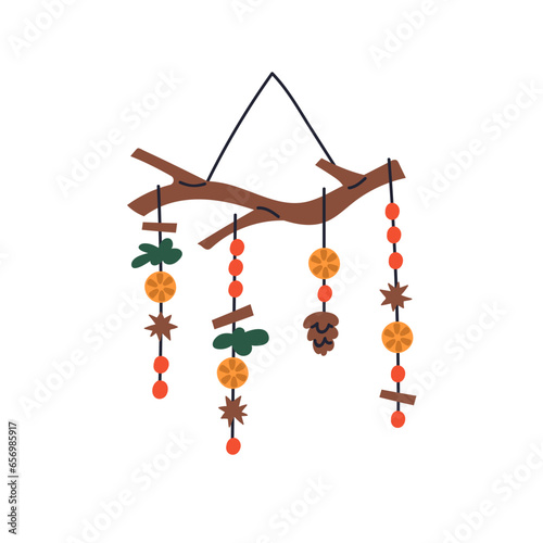 Christmas decoration, wooden tree branch with hanging natural ornaments. DIY Xmas adornment, winter holiday decor with cinnamon, cones, orange. Flat vector illustration isolated on white background