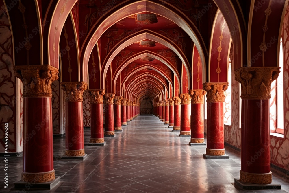 Monastery hallway with wooden red arches. Generative AI - obrazy, fototapety, plakaty 
