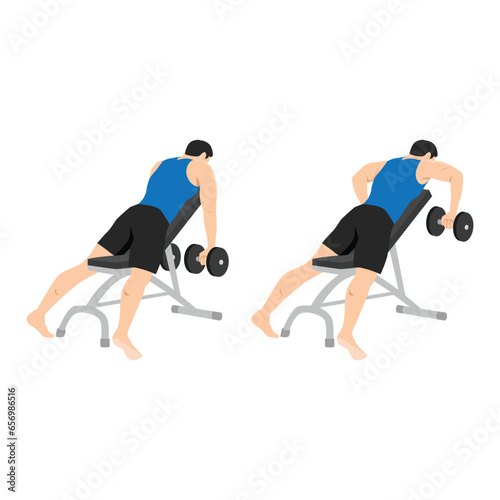 Man character doing Dumbbell incline bench row exercise. Flat vector illustration isolated on white background
