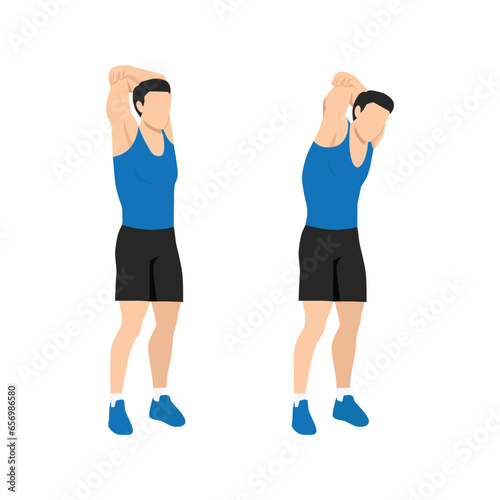 Man doing Standing reach up back rotation stretch exercise. Flat vector illustration isolated on white background