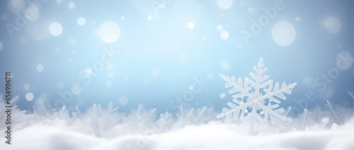 snowflake ice crystal shape blurry lights and snow falling on a cold winter. Christmas snowflakes background. Wide panoramic background.