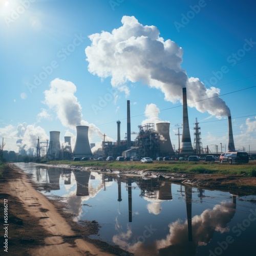 Factories emit smoke pollution and cause air pollution in the afternoon and evening. Good for protecting the environment, carbon dioxide, global warming, greenhouse effect, etc. Generative Ai Image