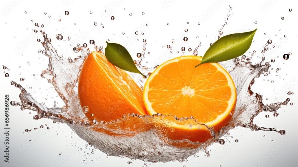 Fresh orange in water splash isolated on white background. Closeup view. Fresh orange in water splash isolated on white background. Closeup view.
