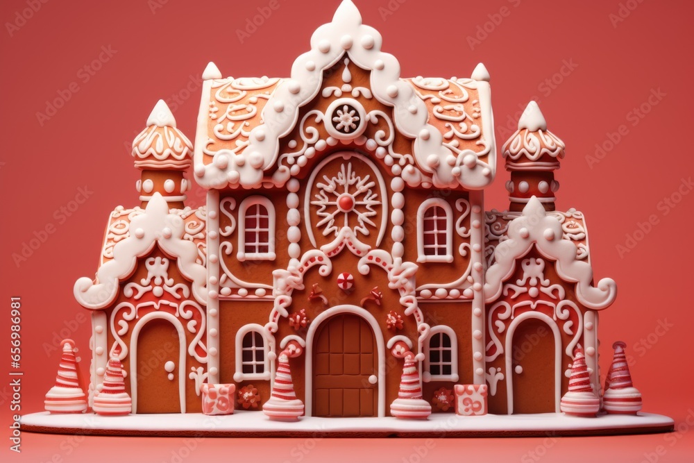 Fototapeta premium A festive gingerbread house positioned on a red surface
