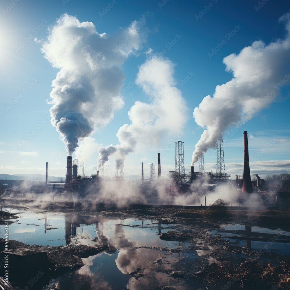 Factories emit smoke pollution and cause air pollution in the afternoon