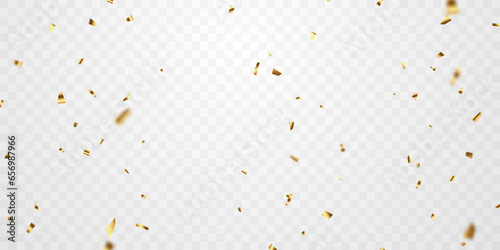 Golden confetti and zigzag ribbon falling from above streamer, tinsel vector