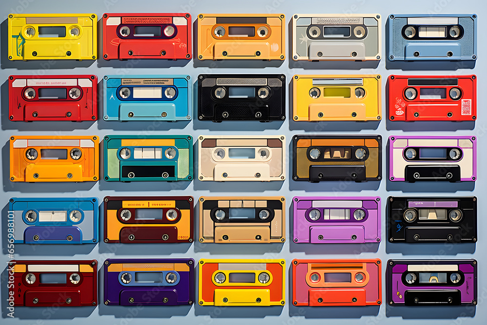 Retro cassette tapes places in a grid - obrazy, fototapety, plakaty 
