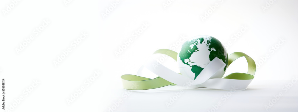 World Mental Health Day web banner with green awareness ribbon in shape of Earth globe. green and white ribbon Earth globe at white background World Mental Health Day web banner with green awareness ribbon in shape of Earth globe. green and white ribbon Earth globe at white background
