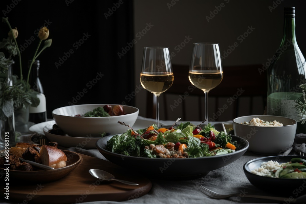 Table served salad wine food. Eat plate. Generate Ai Table served salad wine food. Eat plate. Generate Ai