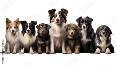 Different dogs sit separately isolated on transparent background