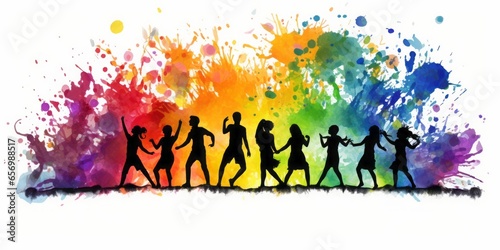 Aquarelle Close-Up Captures the Joyful Dance of Students Celebrating Diversity and Inclusion with a Vibrant Rainbow Flag on a White Background