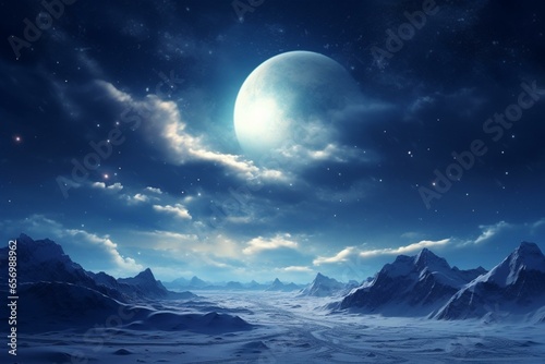 Expansive snowy landscape, massive moon, starry sky, partly cloudy. Generative AI photo