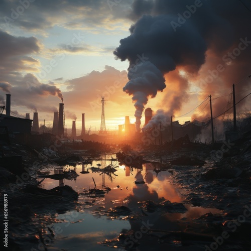 Factories emit smoke pollution and cause air pollution in the afternoon and evening. Good for protecting the environment  carbon dioxide  global warming  greenhouse effect  etc. Generative Ai Image
