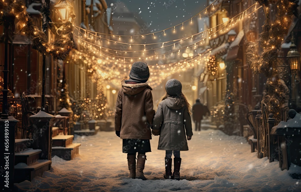 Christmas village evening scene, family walking together, Christmas lights, magical snowy landscape, Generative AI