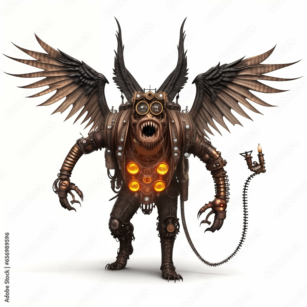 Mechanical Monster with horns and wings. Steampunk style. Isolated on white background. Generative AI. Mechanical Monster with horns and wings. Steampunk style. Isolated on white background. Generative AI.