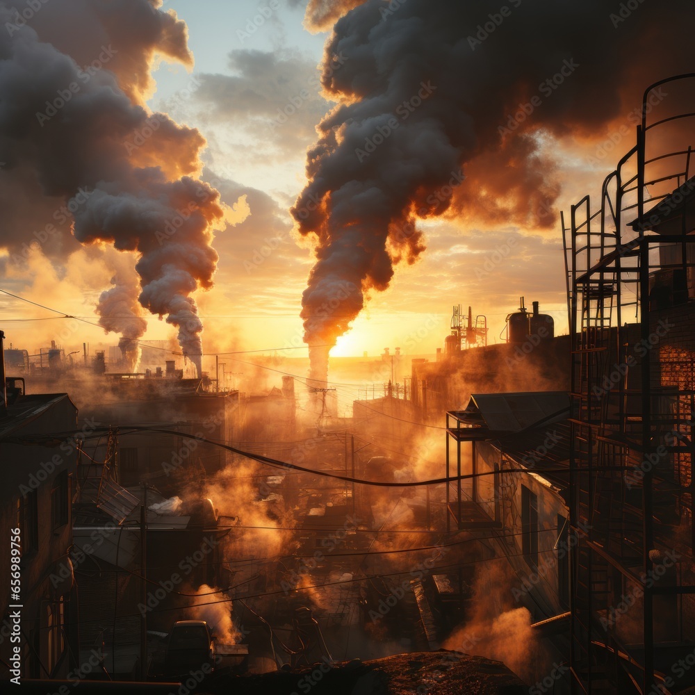 Factories emit smoke pollution and cause air pollution in the afternoon and evening. Good for protecting the environment, carbon dioxide, global warming, greenhouse effect, etc. Generative Ai Image
