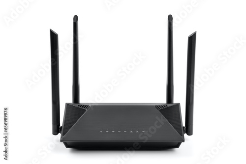 Black wireless internet router isolated on white background. 
Wireless Wi-Fi router isolated on white. Fiber Optic Internet. Network cables Connected to a router, speed test concept. photo