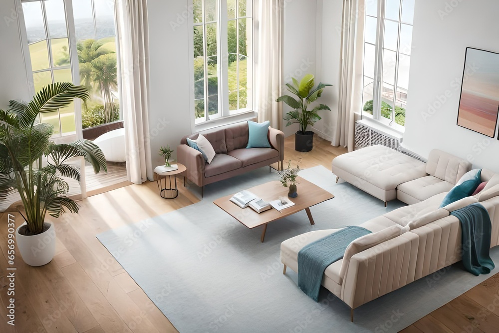 A Photograph of a mesmerizing aerial view showcasing a soothing pastel palette, capturing a dreamlike room interior, bathed in soft, diffused natural light. - obrazy, fototapety, plakaty 